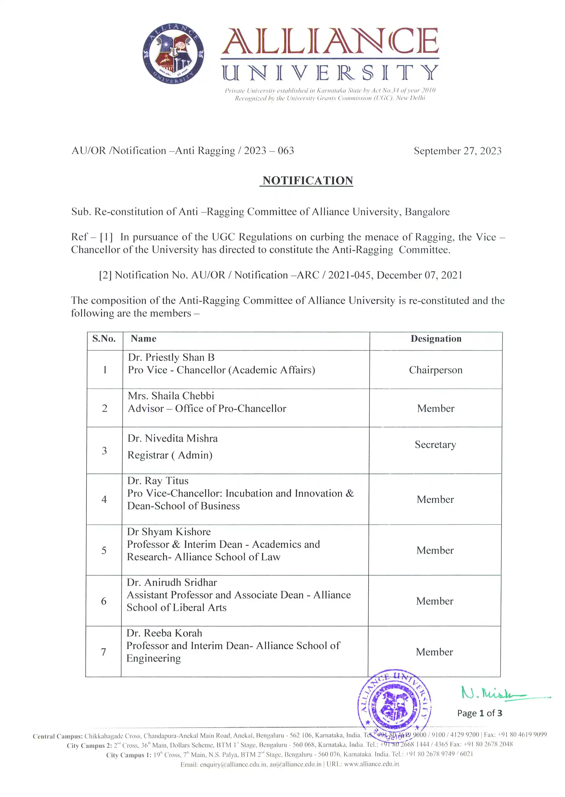 Anti Ragging Committee (ARC) notification page 1
