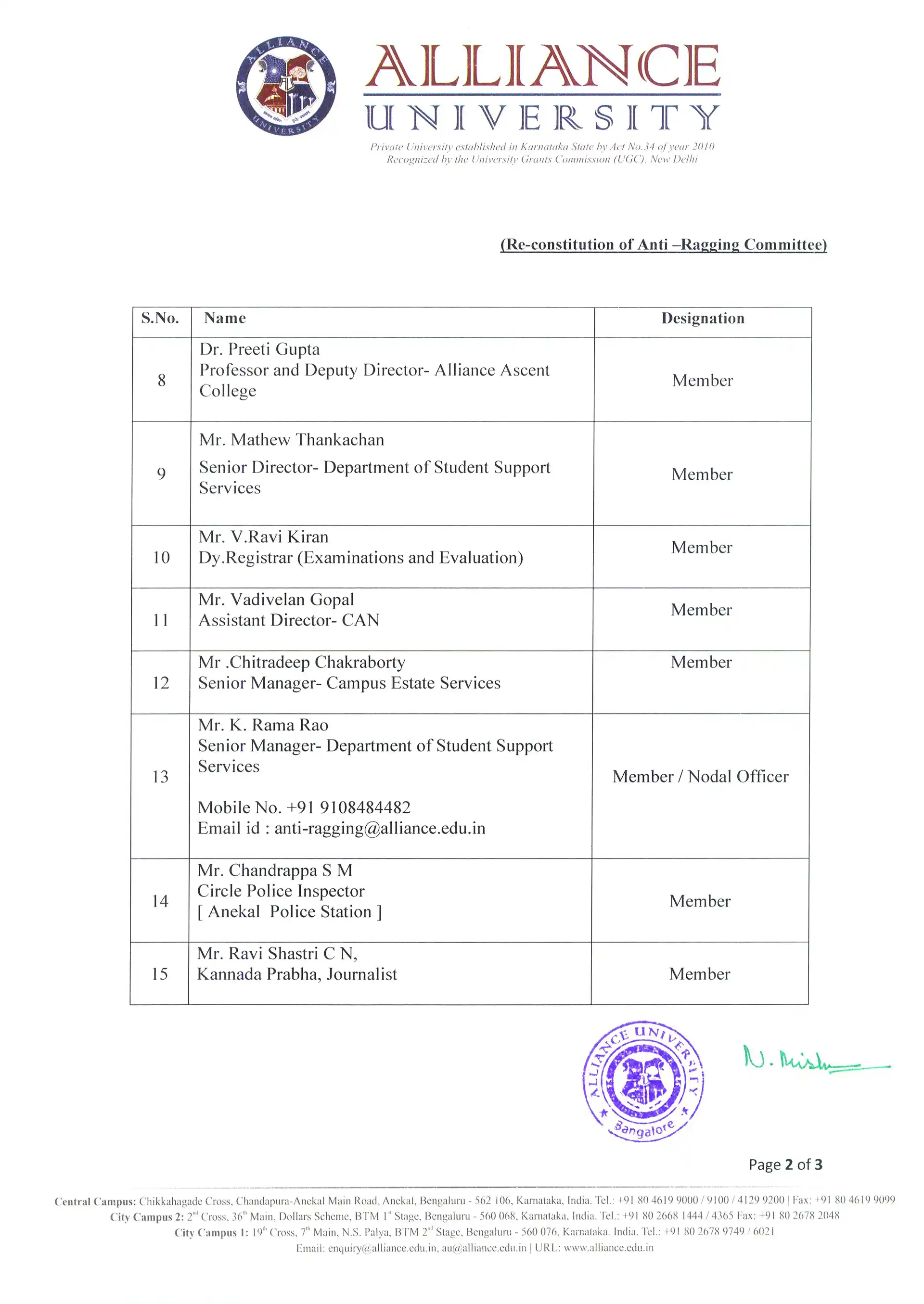 Anti Ragging Committee Structure Alliance University Anti Ragging Policy