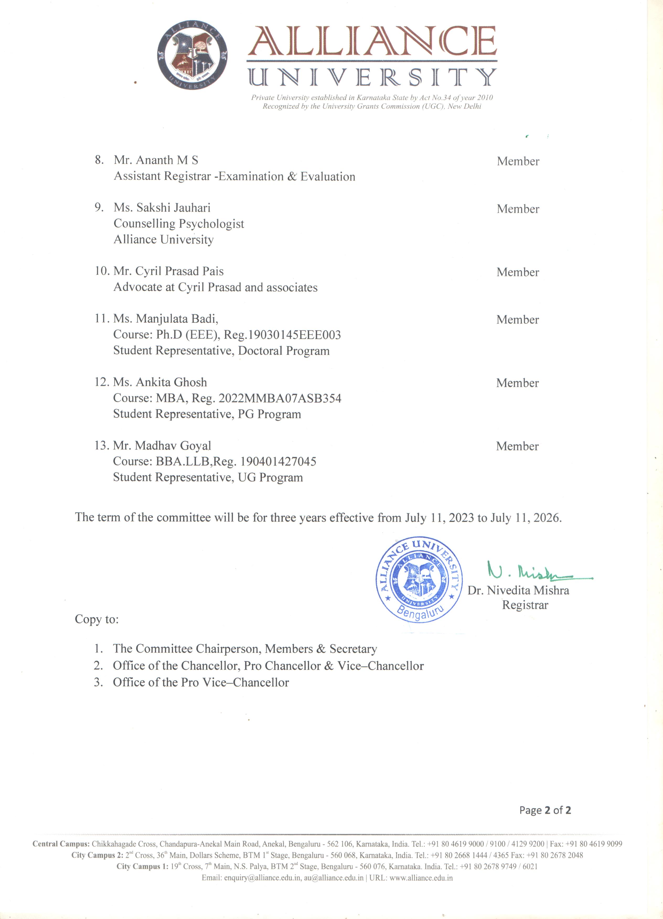Reconstitution of Internal Complaint Committee of Alliance University, Bengaluru - 2