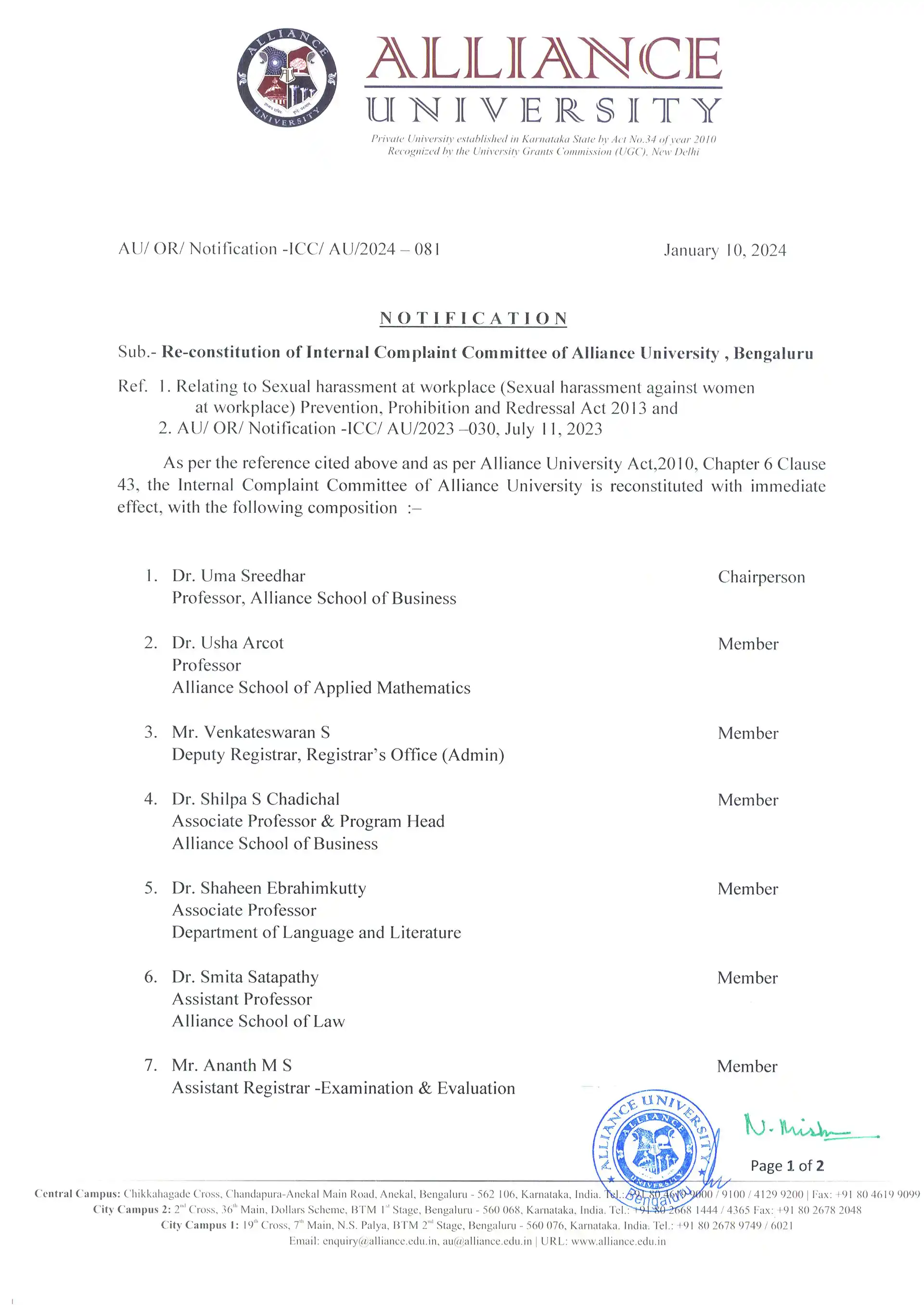 Reconstitution of Internal Complaint Committee of Alliance University, Bengaluru - 1