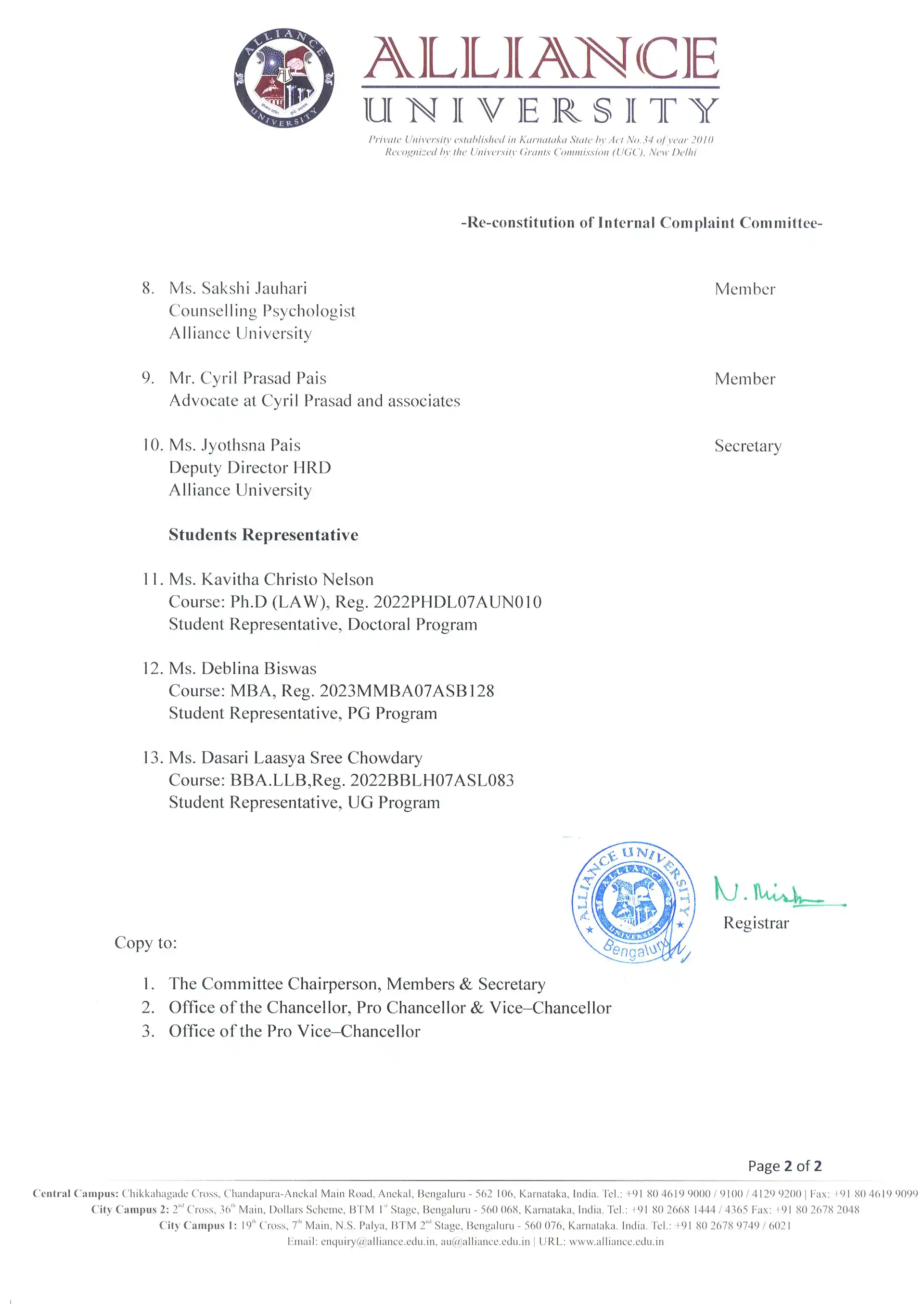 Reconstitution of Internal Complaint Committee of Alliance University, Bengaluru - 2