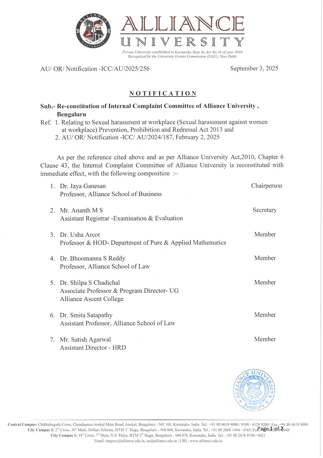 Reconstitution of Internal Complaint Committee of Alliance University, Bengaluru - 1