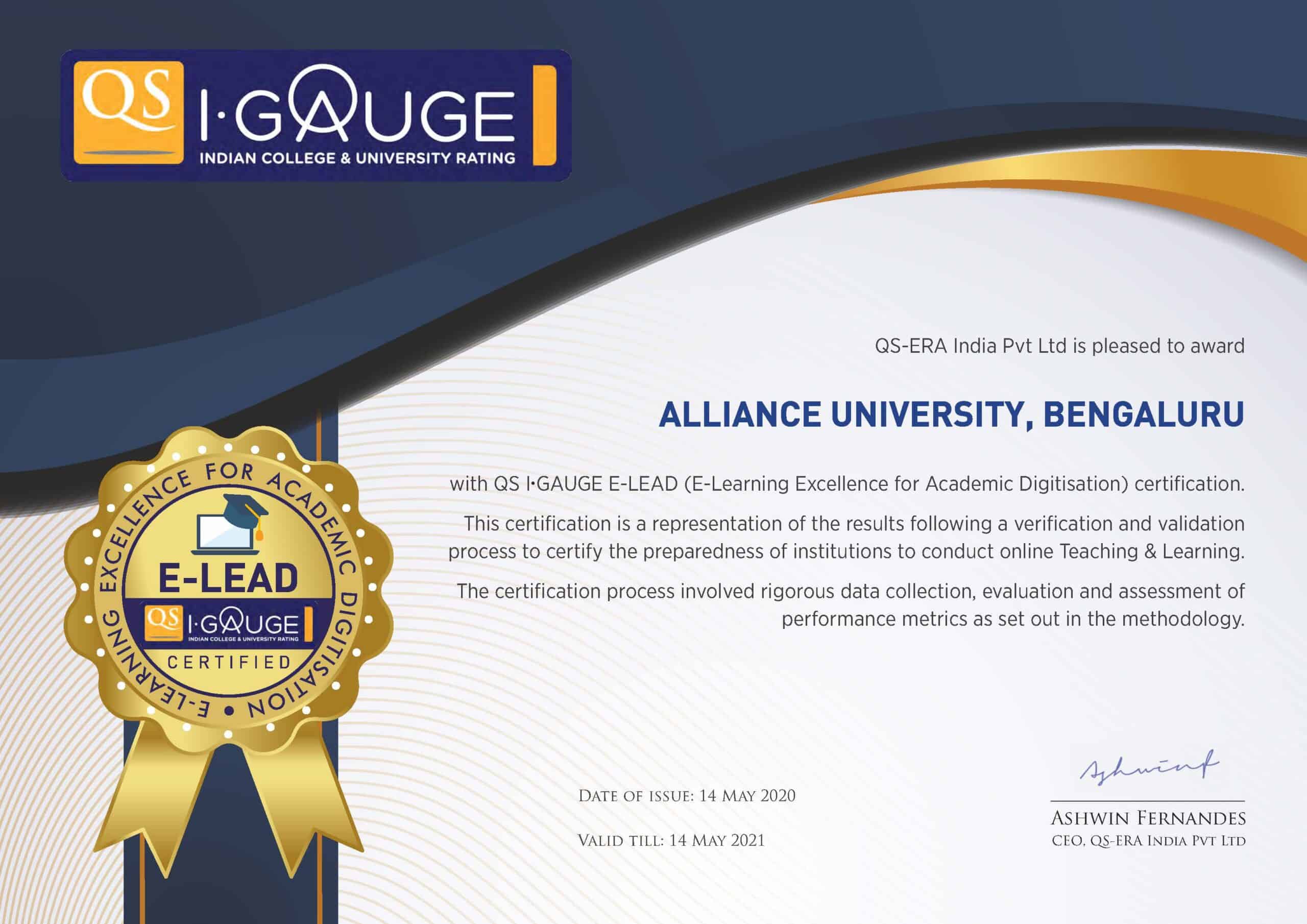 Alliance University, Bengaluru Awarded the QS IGAUGE E-Learning Excellence for Academic Digitisation